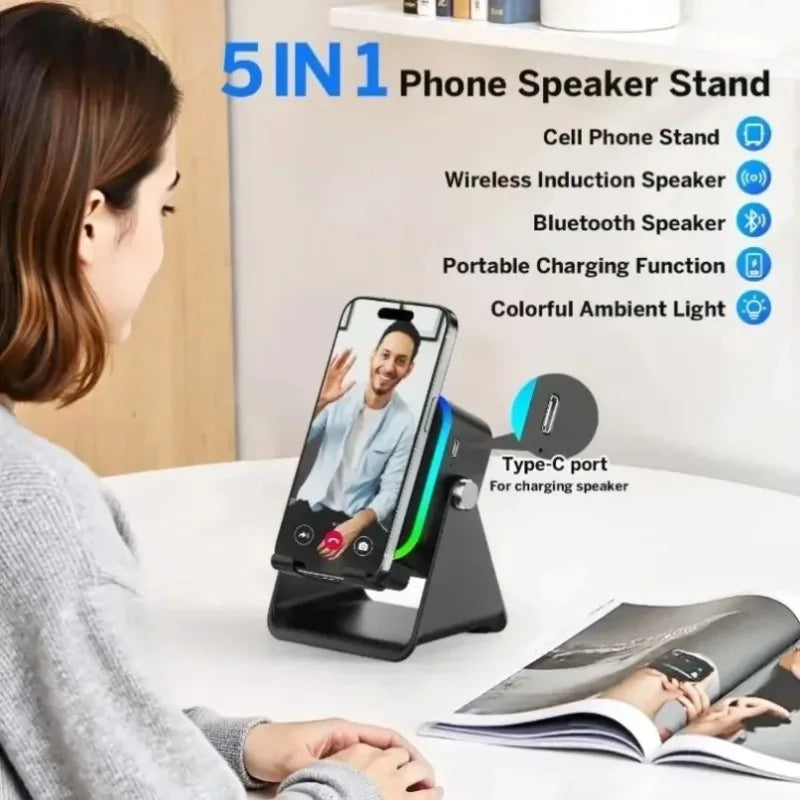 Wireless Induction Speaker 5-In-1 Bluetooth Speaker with Phone Stand Stereo Soundrgb Ambient Light Adjustable Phone Holder