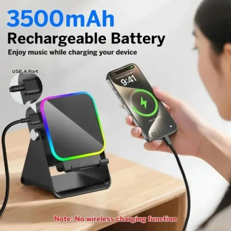 Wireless Induction Speaker 5-In-1 Bluetooth Speaker with Phone Stand Stereo Soundrgb Ambient Light Adjustable Phone Holder
