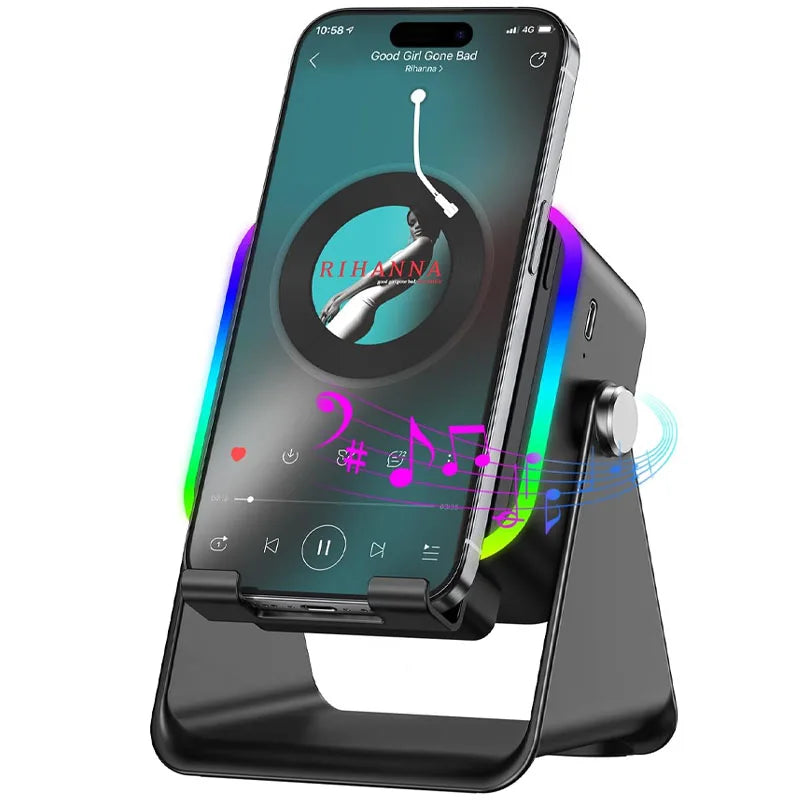 Wireless Induction Speaker 5-In-1 Bluetooth Speaker with Phone Stand Stereo Soundrgb Ambient Light Adjustable Phone Holder