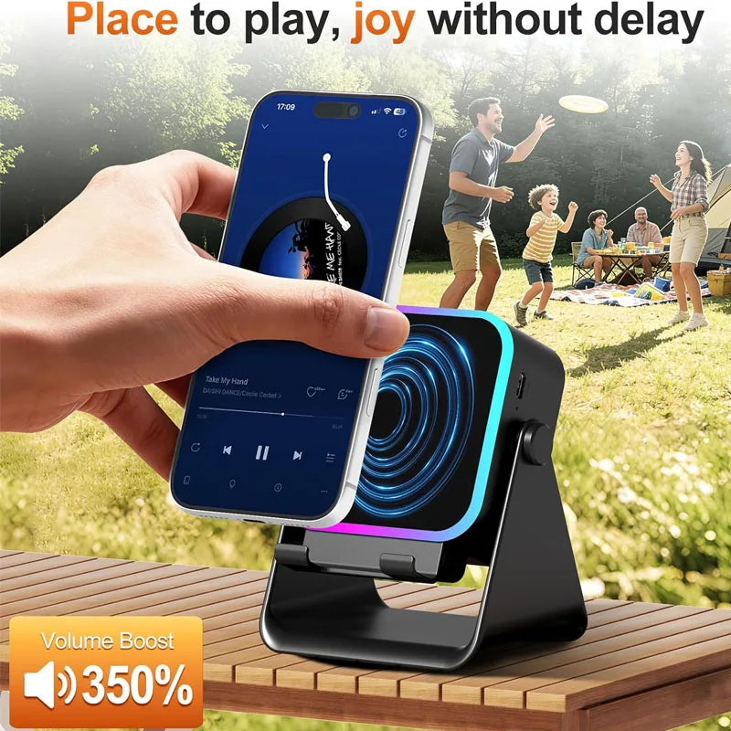 Wireless Induction Speaker 5-In-1 Bluetooth Speaker with Phone Stand Stereo Soundrgb Ambient Light Adjustable Phone Holder
