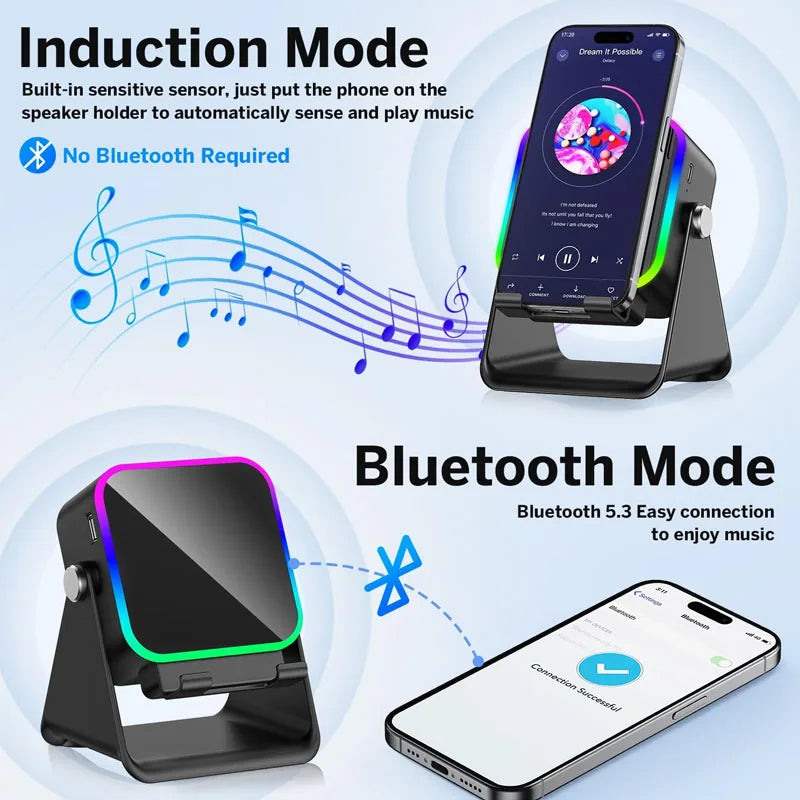 Wireless Induction Speaker 5-In-1 Bluetooth Speaker with Phone Stand Stereo Soundrgb Ambient Light Adjustable Phone Holder