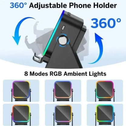 Wireless Induction Speaker 5-In-1 Bluetooth Speaker with Phone Stand Stereo Soundrgb Ambient Light Adjustable Phone Holder